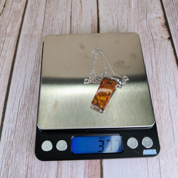 Vintage Cognac Amber Rectangle Pendant Necklace With Sterling Silver Chain - Picture 5 of 8